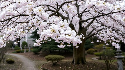 Blossoming Cherry Tree in Japanese Garden, Springtime Beauty