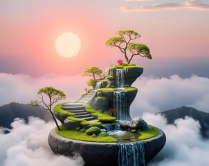 Serene Cloud Island Waterfall Paradise Dreamscape Vista