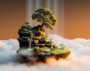 Serene Floating Bonsai Garden Amidst Ethereal Clouds
