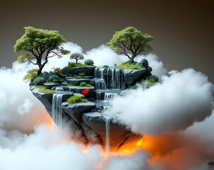 Floating Isle of Cascades, Verdant Trees, Dreamlike Clouds