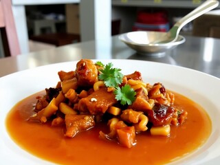 Hearty Asian Stew with Noodles and Fresh Cilantro Garnish