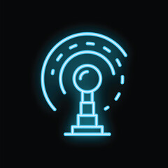Blue neon icon representing an antenna emitting radio waves, symbolizing communication and broadcasting