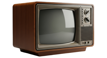 A classic vintage television set with a wooden case and a dark CRT screen on a white background.