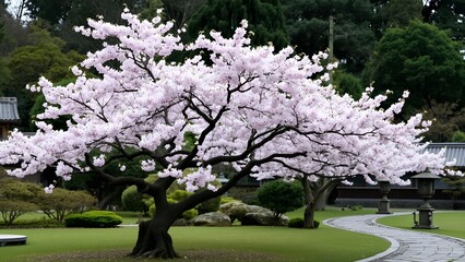 Blooming Cherry Tree in Traditional Japanese Garden Setting