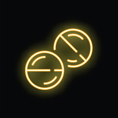 Neon sign of two pills glowing yellow against a black background