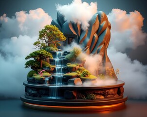 Serene Zen Garden Waterfall Landscape with Misty Clouds