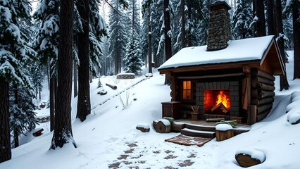 Cozy Winter Cabin with Fireplace in Snowy Forest