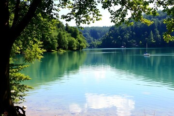Tranquil Lake Scene with Lush Forest and Sailing Boats