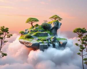 Serene Floating Island Paradise Amidst Dreamy Clouds