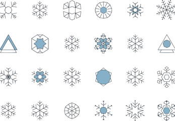 A grid of twentyfive stylized outlined snowflake and abstract geometric icons