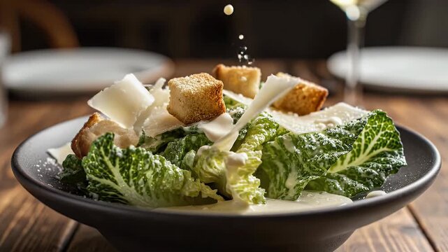 Fresh Caesar salad with parmesan cheese and croutons being dressed