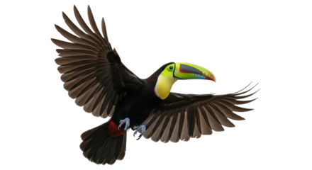 Beautiful toucan bird in full flight with wings spread and a striking colorful beak against a clean white backdrop.