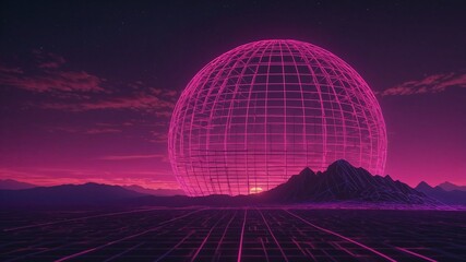 80s Retro Synthwave Landscape with Neon Wireframe Grid and Glowing Sun