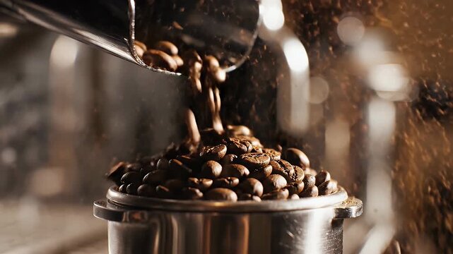 Fresh coffee beans pour into espresso machine filter