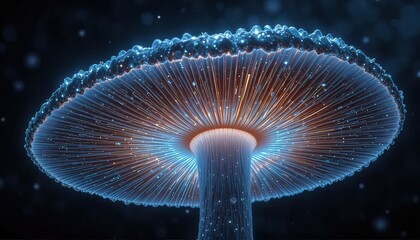 Glowing mushroom radiating light in dark magical forest, a whimsical fantasy scene perfect for a fantasy game or nature documentary about bioluminescence