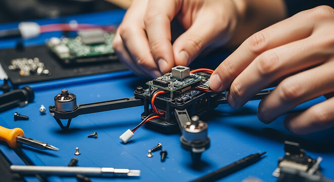 Skilled Engineer Meticulously Assembling Advanced Micro-Drone Electronics on a Blue Workbench Surface