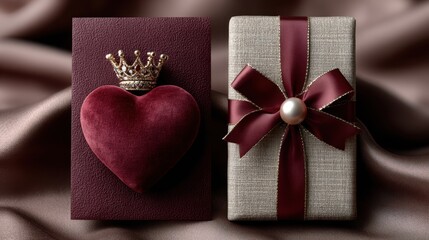 Valentine&rsquo;s Day royal elegant posters. Crown, jeweled heart, velvet ribbons, deep burgundy and gold background. Luxury gift guide, high-end voucher, card