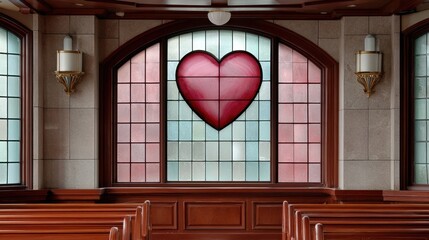 Valentine's Day stained glass, a large church-style stained glass window depicting a abstract heart in red and pink glass