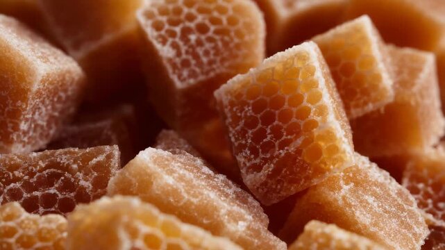 Pile of Golden Honeycomb Candies with Detailed Hexagonal Pattern under Warm Studio Lighting