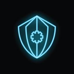 Neon blue shield protecting medical symbol is glowing on black background