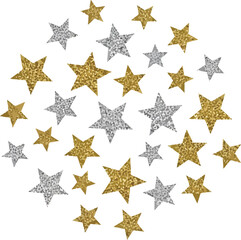 A scattering of gold and silver glitter fivepointed stars on a white background