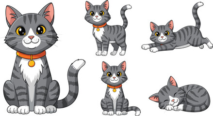 Cute Gray Tabby Cat Cartoon Character Set Showing Different Poses and Expressions for Pet, Kids and Kawaii Designs © Sumon Creative