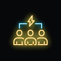 Neon icon representing a team sharing ideas during a brainstorming session with a lightning bolt symbolizing inspiration