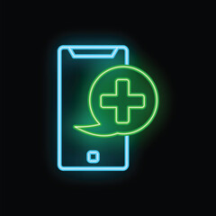 Fototapeta premium Neon sign of a green cross medical symbol over a smartphone, representing online healthcare and medical services