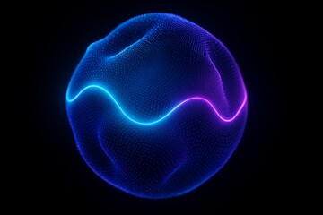 Glowing Quantum Energy Sphere with Neon Blue and Purple Particle Mesh in Dark Space