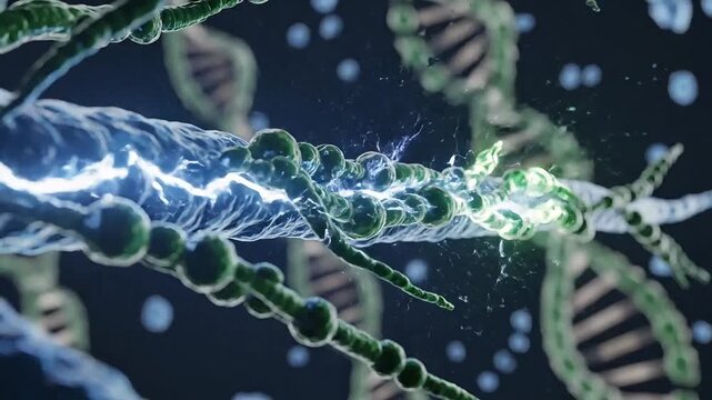DNA strands unraveling and separating in a dark blue scientific environment
