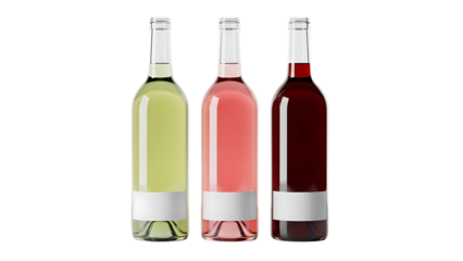 Three elegant glass bottles of white ros and red wine stand against a stark black background