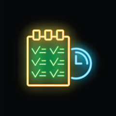 Colorful neon icon of a checklist with all tasks marked as completed and a clock, representing the concept of time management