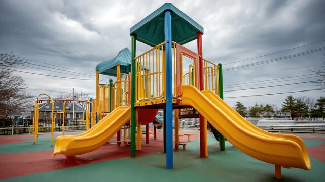 Colorful Playground Structure with Yellow Slides and Metal Railings Set Against Overcast Sky and Buildings Background on Green and Red Surface