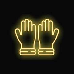 Yellow neon sign of two hands wearing gloves glowing on a black background