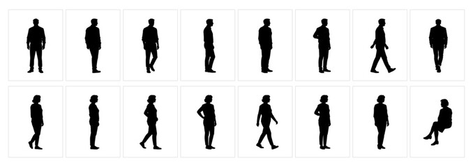 Middle Aged Adults Walking and Sitting Silhouettes Set, Everyday Life Movements.
