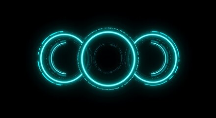 Three glowing neon circles in turquoise against a stark black background