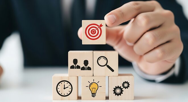 Business Strategy Goal Achievement with Wooden Blocks and Icons. - Powered by Adobe