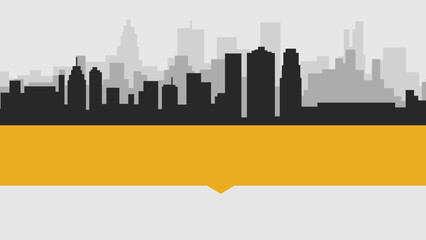 a city skyline with a yellow banner in the middle