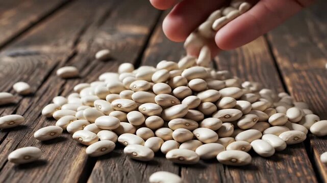 Hand pouring white navy beans onto wooden table