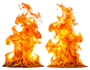 Twin dynamic flames rise upwards against black