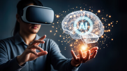 Man wearing vr headset and interacting with glowing brain illustration in virtual reality environment for technology and innovation concept