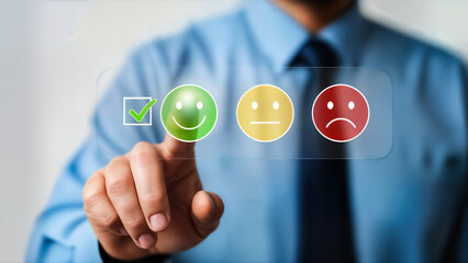 Businessman interacting with virtual rating icons on a transparent screen with a blurred background