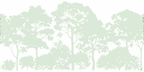 A serene landscape showcasing silhouettes of trees against a pale green background