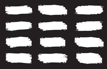 Set of rough white brush stroke textures on a black background, featuring bold paint streaks in various shapes. Grunge-style strokes ideal for design accents, overlays, and artistic effects.