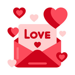 Vector icon of an open envelope with a letter and the inscription "Love" and hearts.
