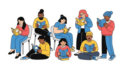 Diverse Group of People Reading Books Indoors, Representing Education and Hobbies