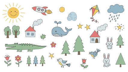 Whimsical Cartoon Collection of Nature, Animals, and Objects in a Playful Style