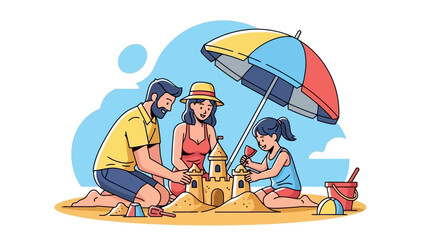 Fototapeta premium Family Building Sandcastle Together Under Beach Umbrella on Sunny Day