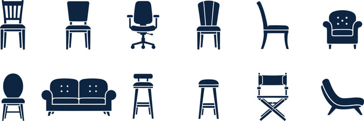 Collection of various furniture pieces in simple black silhouettes on white background