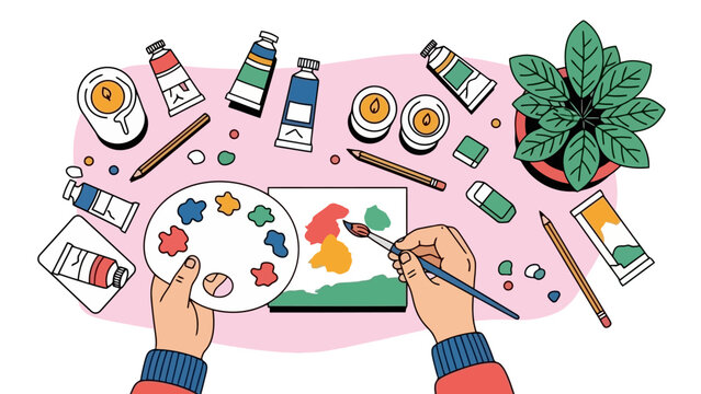 Artist's Hands Painting on Canvas with Art Supplies and Plant Overhead
